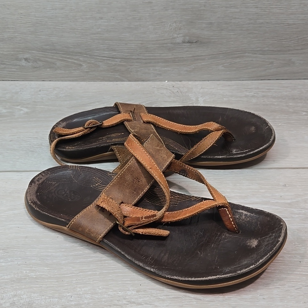 Chaco Women Bronze Thong Leather Sandals Flats shoes sz 7
